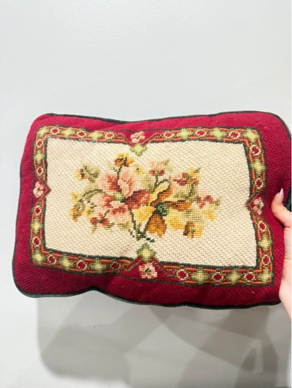 Vintage Floral Needlepoint Pillow Burgundy Red Botanical Throw Cushion